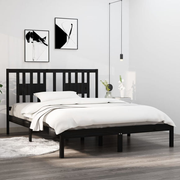 NNEVL Bed Frame Black Solid Wood 150x200 cm 5FT King Size