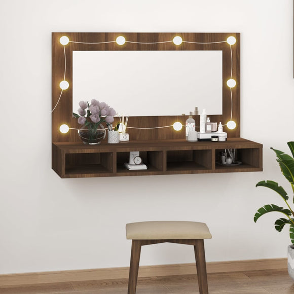 NNEVL Mirror Cabinet with LED Brown Oak 90x31.5x62 cm