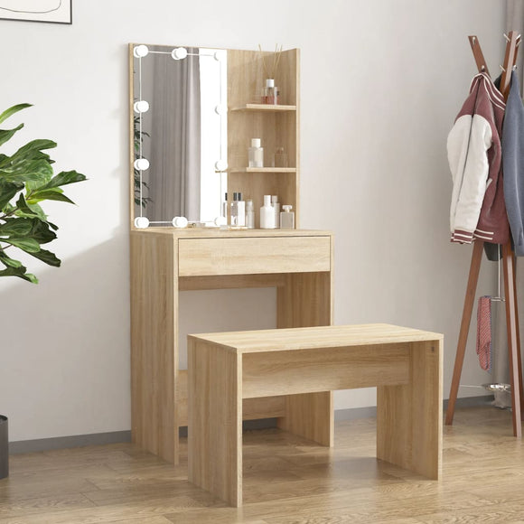 NNEVL Dressing Table Set with LED Sonoma Oak Engineered Wood