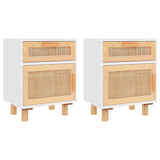 NNEVL Bedside Cabinets 2 pcs White Solid Wood Pine and Natural Rattan