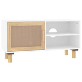 NNEVL TV Cabinet White 80x30x40 cm Solid Wood Pine and Natural Rattan