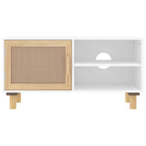 NNEVL TV Cabinet White 80x30x40 cm Solid Wood Pine and Natural Rattan