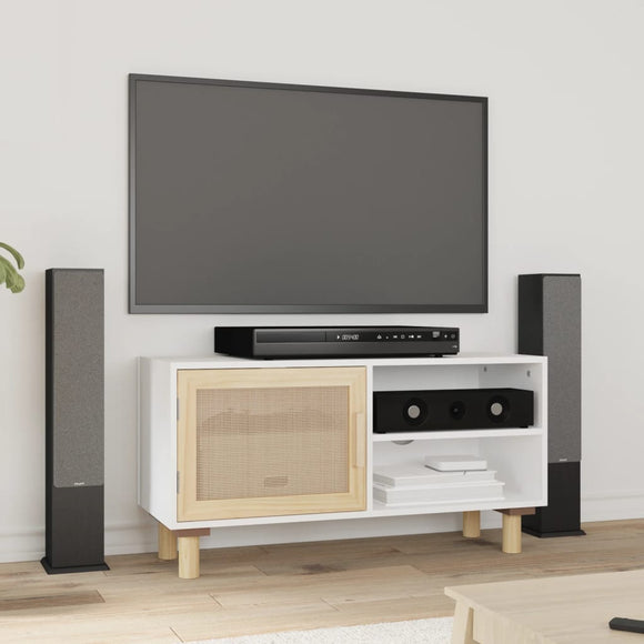 NNEVL TV Cabinet White 80x30x40 cm Solid Wood Pine and Natural Rattan