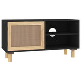 NNEVL TV Cabinet Black 80x30x40 cm Solid Wood Pine and Natural Rattan