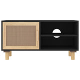 NNEVL TV Cabinet Black 80x30x40 cm Solid Wood Pine and Natural Rattan