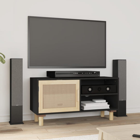 NNEVL TV Cabinet Black 80x30x40 cm Solid Wood Pine and Natural Rattan