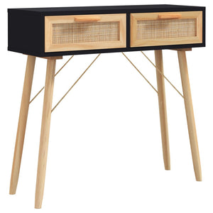 NNEVL Console Table Black 80x30x75 cm Solid Wood Pine&Natural Rattan
