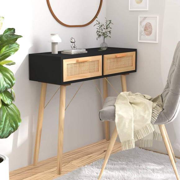 NNEVL Console Table Black 80x30x75 cm Solid Wood Pine&Natural Rattan