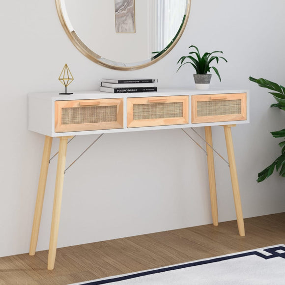 NNEVL Console Table White 105x30x75 cm Solid Wood Pine&Natural Rattan