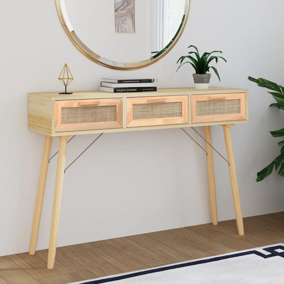 NNEVL Console Table Brown 105x30x75 cm Solid Wood Pine&Natural Rattan