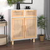 NNEVL Sideboard White 60x30x75 cm Solid Wood Pine and Natural Rattan