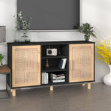 NNEVL Sideboard Black 105x30x60 cm Solid Wood Pine and Natural Rattan