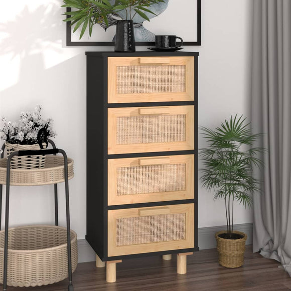 NNEVL Sideboard Black 40x30x90 cm Solid Wood Pine and Natural Rattan