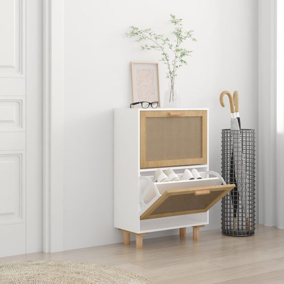 NNEVL Shoe Cabinet White 52x25x80 cm Engineered Wood and Natural Rattan