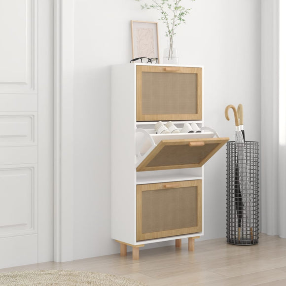 NNEVL Shoe Cabinet White 52x25x115 cm Engineered Wood and Natural Rattan