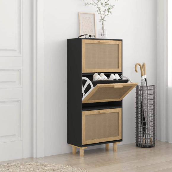 NNEVL Shoe Cabinet Black 52x25x115 cm Engineered Wood and Natural Rattan
