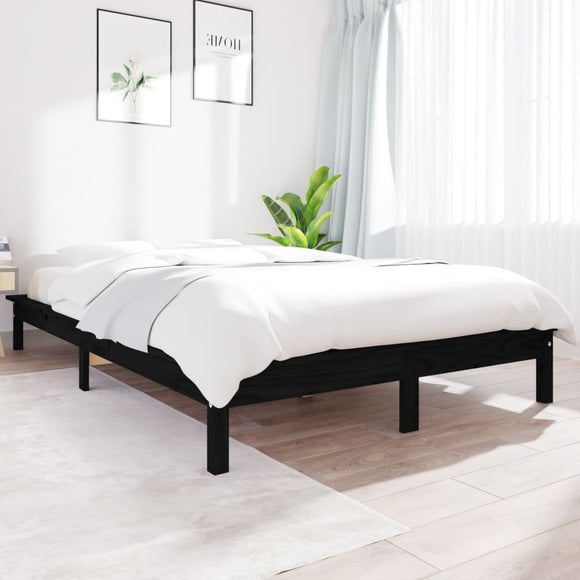 NNEVL Bed Frame Black 153x203 cm Solid Wood Pine Queen Size