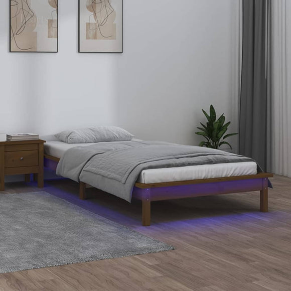 NNEVL LED Bed Frame Honey Brown 92x187 cm Single Bed Size Solid Wood