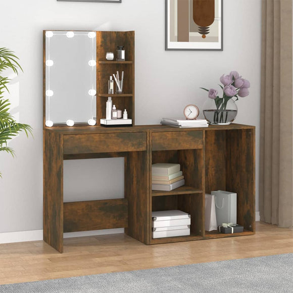 NNEVL LED Dressing Table with Cabinet Smoked Oak Engineered Wood