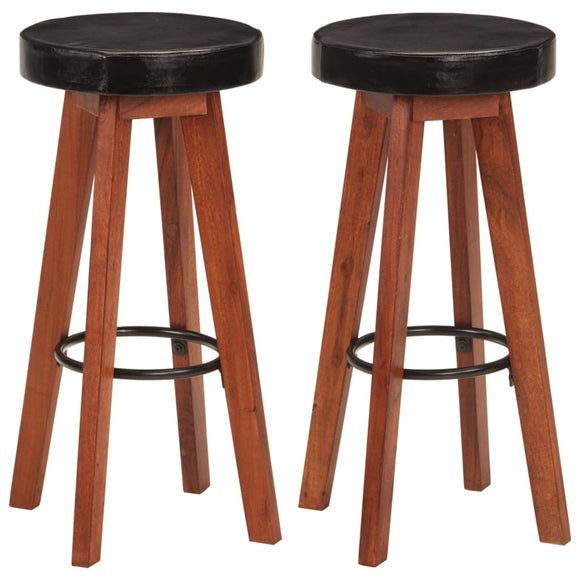 NNEVL Bar Stools 2 pcs Real Leather and Solid Wood Acacia