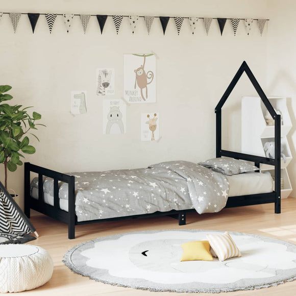 NNEVL Kids Bed Frame Black 92x187 cm Single Solid Wood Pine