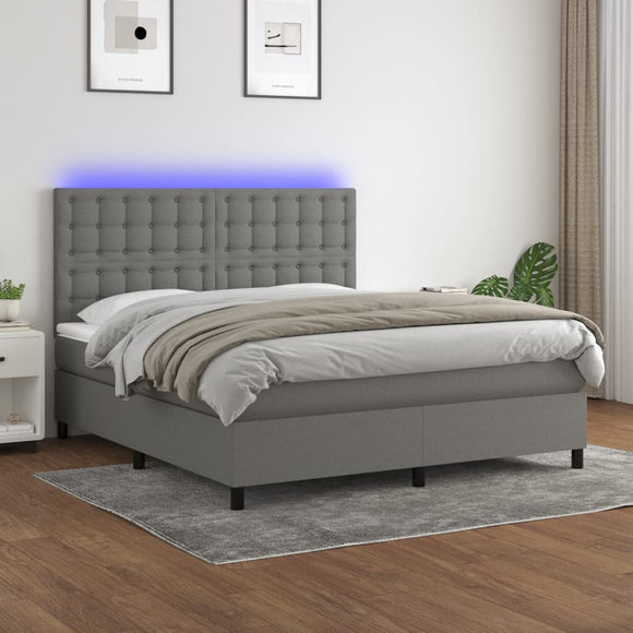 NNEVL Box Spring Bed with Mattress&LED Dark Grey 152x203 cm Queen Fabric
