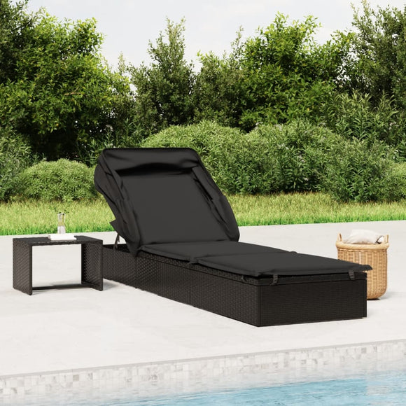 NNEVL Sunbed with Foldable Roof Black 213x63x97 cm Poly Rattan