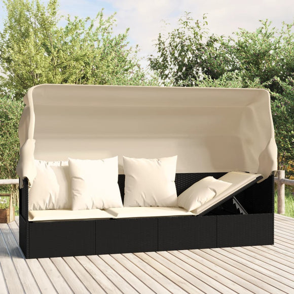 NNEVL Outdoor Lounge Bed with Roof and Cushions Black Poly Rattan