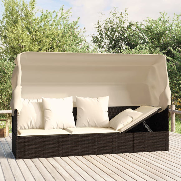NNEVL Outdoor Lounge Bed with Roof and Cushions Brown Poly Rattan