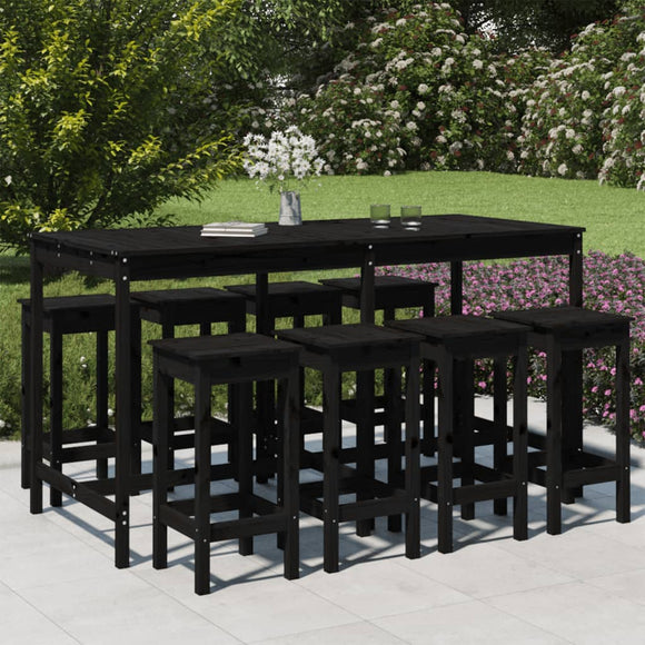 NNEVL 9 Piece Garden Bar Set Black Solid Wood Pine