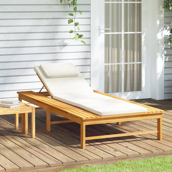 NNEVL Sun Lounger with Cream White Cushion and Pillow Solid Wood Acacia