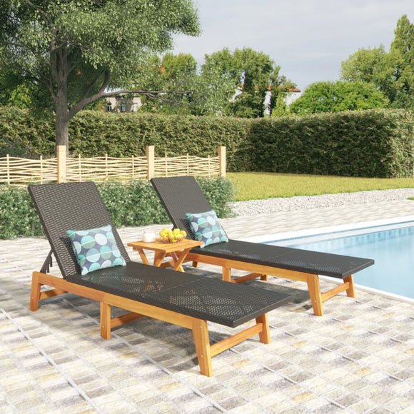NNEVL Sun Loungers 2 pcs Black and Brown Poly Rattan&Solid Wood Acacia