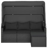 NNEVL 3-Seater Garden Sofa with Roof and Footstool Black Poly Rattan