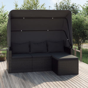 NNEVL 3-Seater Garden Sofa with Roof and Footstool Black Poly Rattan