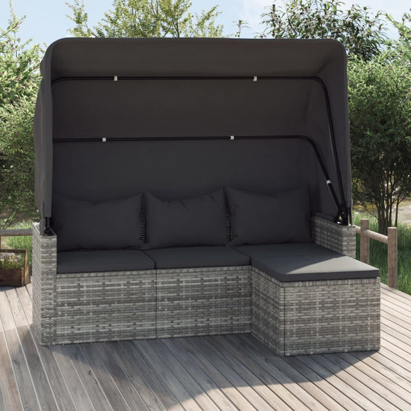 NNEVL 3-Seater Garden Sofa with Roof and Footstool Grey Poly Rattan