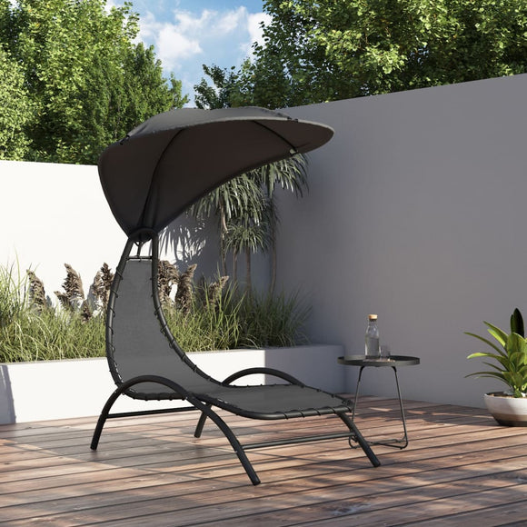 NNEVL Sun Lounger with Canopy Dark Grey 167x80x195 cm Fabric&Steel