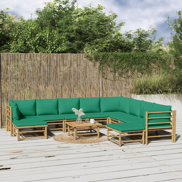 NNEVL 11 Piece Garden Lounge Set with Green Cushions  Bamboo