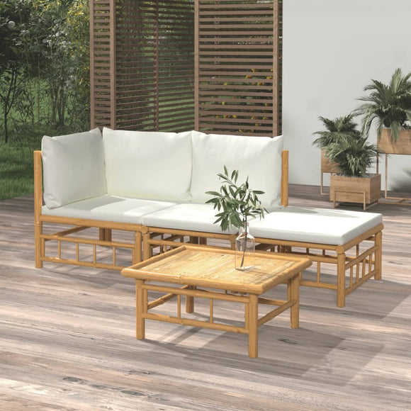 NNEVL 4 Piece Garden Lounge Set with Cream White Cushions Bamboo
