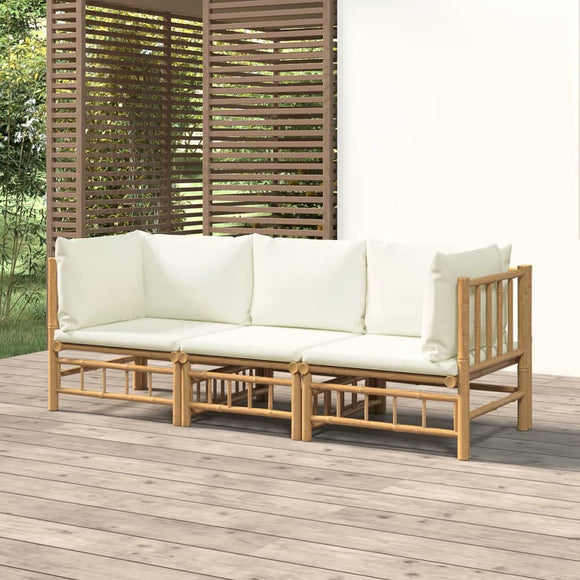 NNEVL 3 Piece Garden Lounge Set with Cream White Cushions  Bamboo