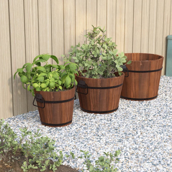 NNEVL 3 Piece Wooden Bucket Planter Set Solid Wood Fir