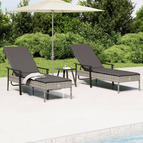 NNEVL Sun Loungers 2 pcs with Table and Cushions Grey Poly Rattan