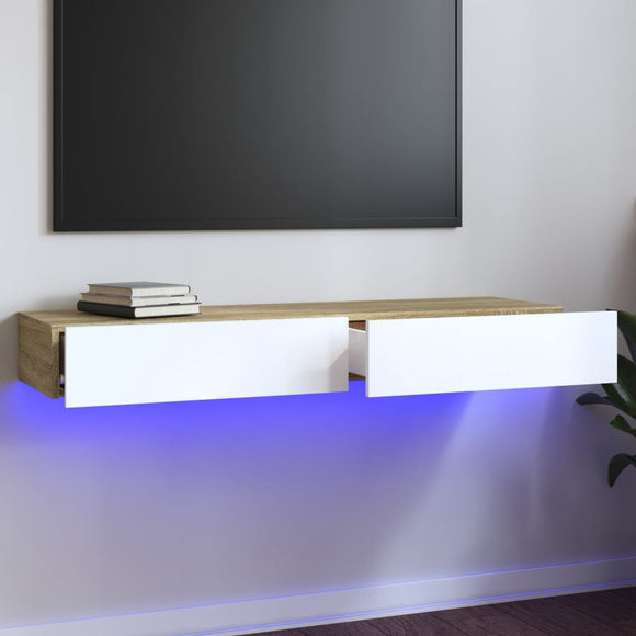 NNEVL TV Cabinet with LED Lights White and Sonoma Oak 120x35x15.5 cm