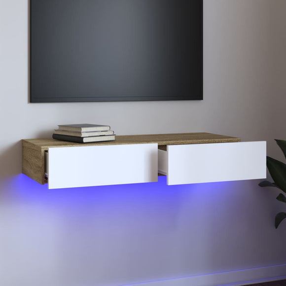 NNEVL TV Cabinet with LED Lights White and Sonoma Oak 90x35x15.5 cm