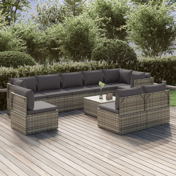 NNEVL 10 Piece Garden Lounge Set with Cushions Grey Poly Rattan