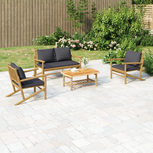 NNEVL 4 Piece Garden Lounge Set with Dark Grey Cushions Bamboo