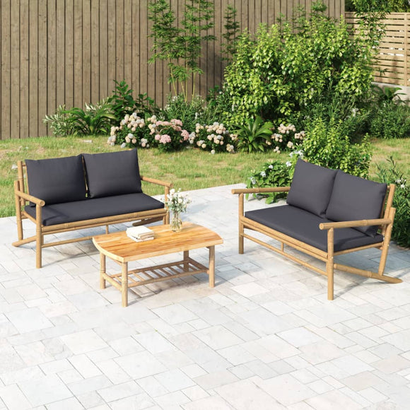 NNEVL 3 Piece Garden Lounge Set with Dark Grey Cushions Bamboo