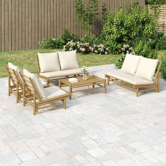 NNEVL 5 Piece Garden Lounge Set with Cream White Cushions Bamboo