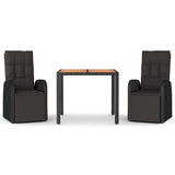 NNEVL 3 Piece Garden Dining Set Black Poly Rattan&Solid Wood Acacia