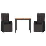 NNEVL 3 Piece Garden Dining Set Black Poly Rattan&Solid Wood Acacia