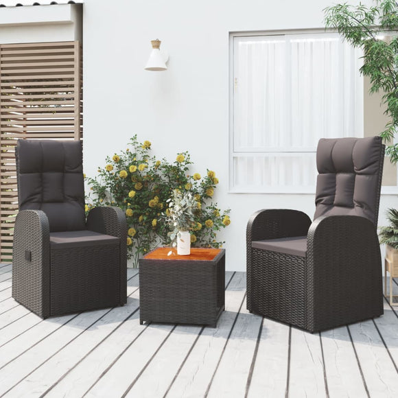 NNEVL 3 Piece Garden Lounge Set Black Poly Rattan&Solid Wood Acacia